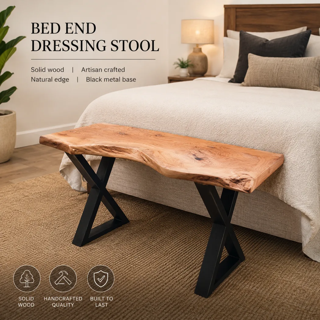 Bench Bed End          Macrocarpa Top & Steel legs.....Top 1060 long x 350 wide X 480 tall