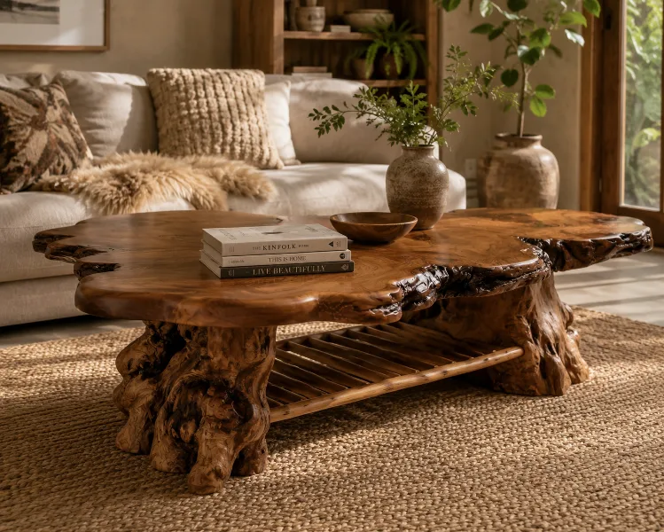 Coffee Table – Swamp Kauri/Macrocarpa Bur legs /Totara magazine rack    Top 1450 mm x 800 mm  Height  400 mm