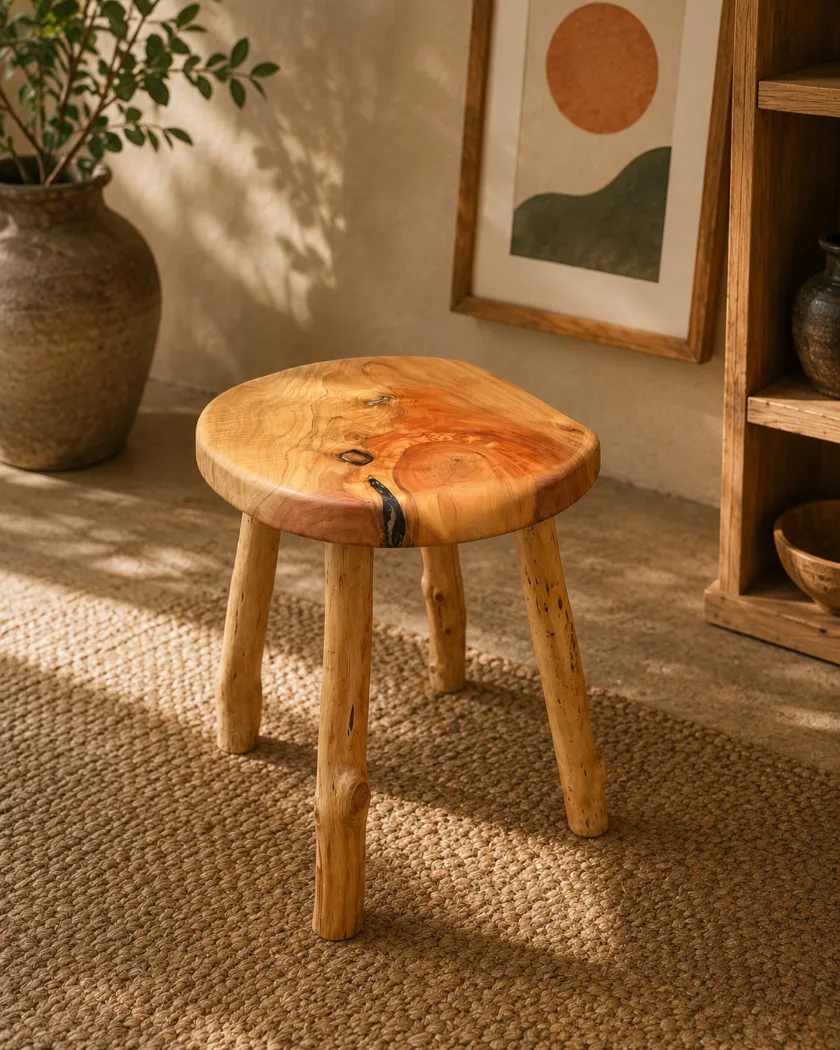 Stool      Macrocarpa freeform stool  with totara legs      320 mm seat 390 height 